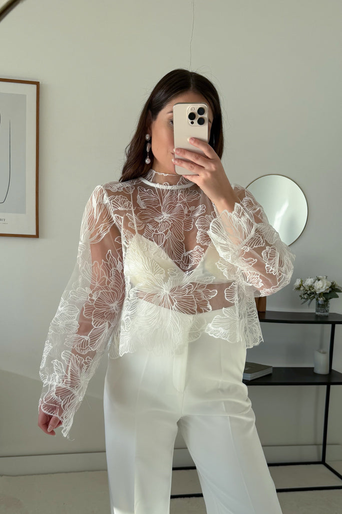 femme de dos portant une blouse blanche transparente avec dos nu 