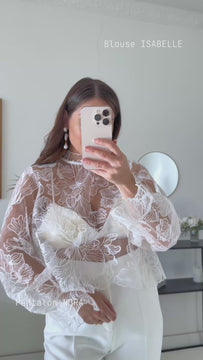 femme de dos portant une blouse blanche transparente avec dos nu 